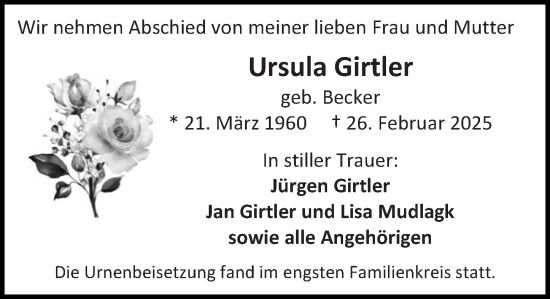 Traueranzeige von Ursula Girtler von Allgemeine Zeitung Mainz