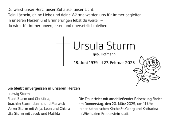 Traueranzeige von Ursula Sturm von Wiesbadener Kurier