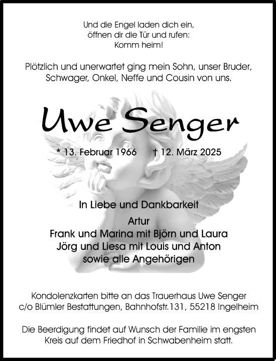 Traueranzeige von Uwe Senger von Allgemeine Zeitung Rheinhessen-Nahe