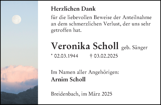 Traueranzeige von Veronika Scholl von Hinterländer Anzeiger