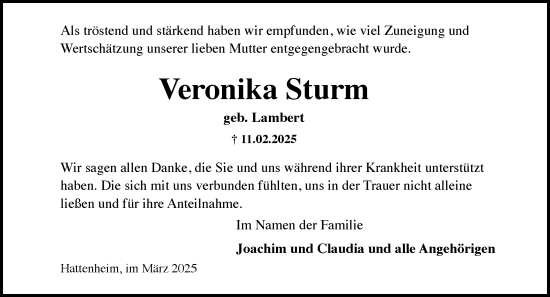 Traueranzeige von Veronika Sturm von Rheingau Kurier
