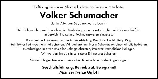 Traueranzeige von Volker Schumacher von Allgemeine Zeitung Mainz