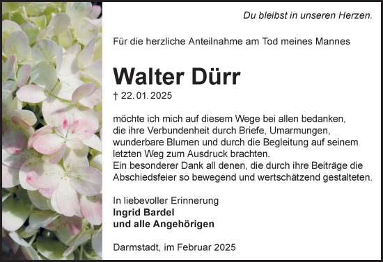 Traueranzeige von Walter Dürr von Darmstädter Echo