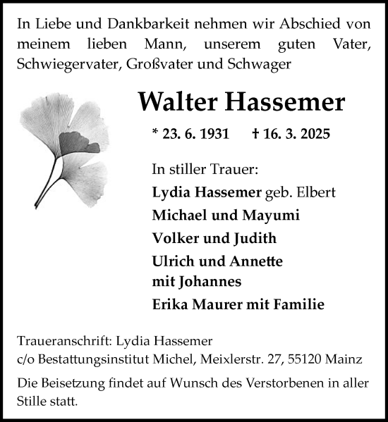 Traueranzeige von Walter Hassemer von Allgemeine Zeitung Mainz