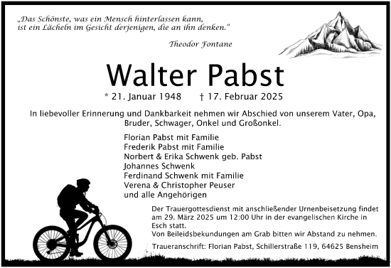 Traueranzeige von Walter Pabst von Camberger Anzeiger
