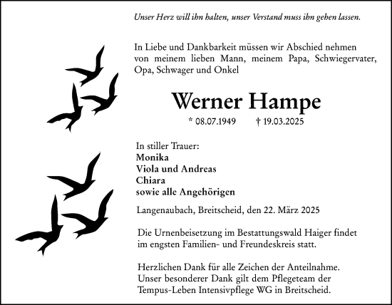 Traueranzeige von Werner Hampe von Dill Block