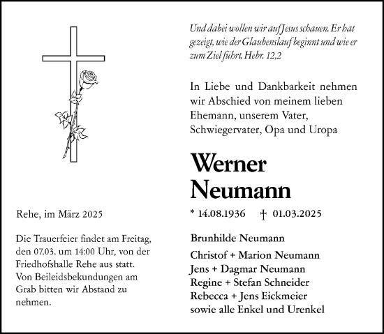 Traueranzeige von Werner Neumann von Dill Block