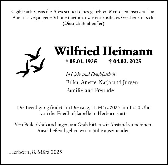 Traueranzeige von Wilfried Heimann von Dill Block