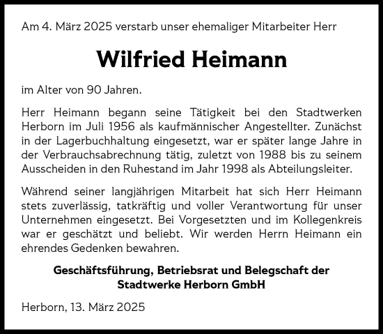 Traueranzeige von Wilfried Heimann von Dill Block