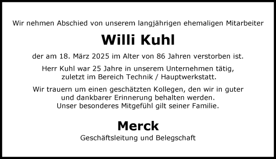 Traueranzeige von Willi Kuhl von Darmstädter Echo