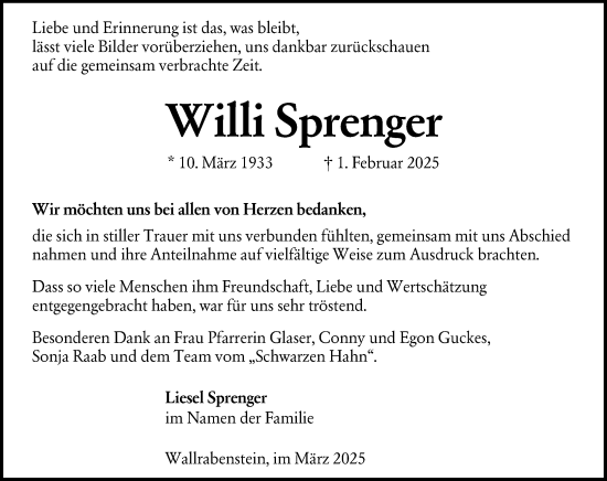 Traueranzeige von Willi Sprenger von Idsteiner Land/Untertaunus