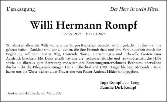 Traueranzeige von Willi Hermann Rompf von Dill Block