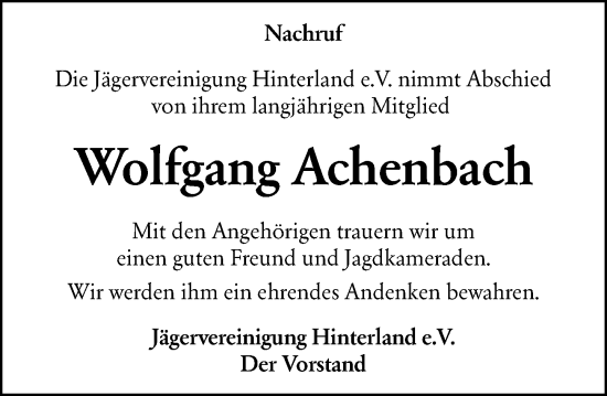 Traueranzeige von Wolfgang Achenbach von Hinterländer Anzeiger