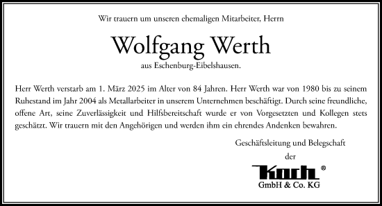 Traueranzeige von Wolfgang Werth von Dill Block