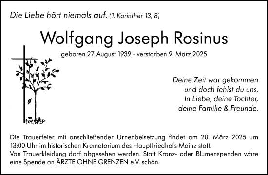 Traueranzeige von Wolfgang Joseph Rosinus von Allgemeine Zeitung Mainz