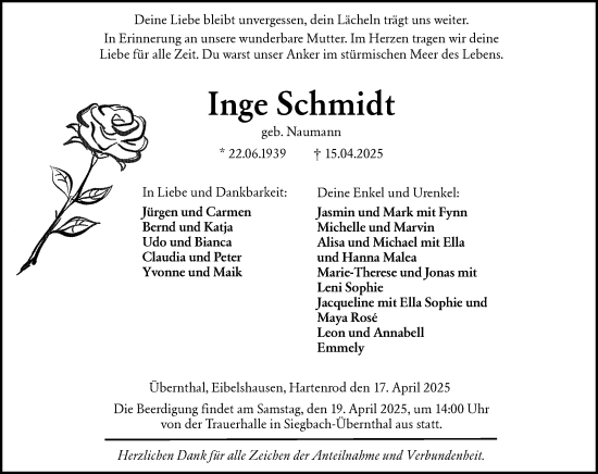 Traueranzeige von Inge Schmidt 