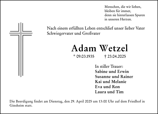 Traueranzeige von Adam Wetzel von Rüsselsheimer Echo