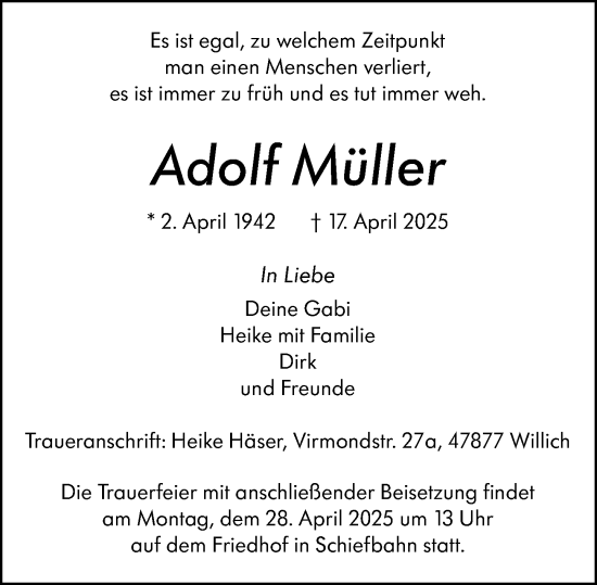 Traueranzeige von Adolf Müller von Hinterländer Anzeiger
