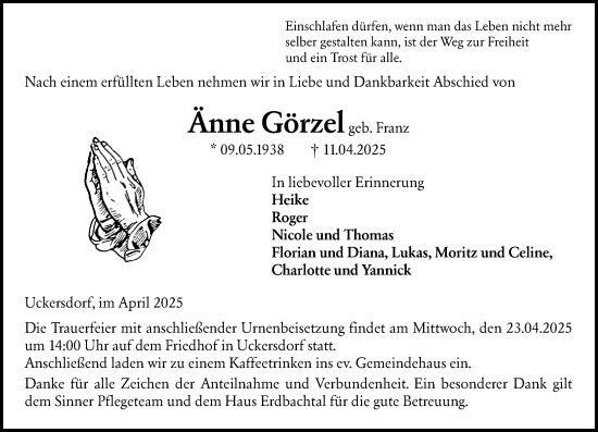 Traueranzeige von Änne Görzel von Dill Block