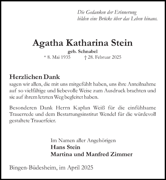 Traueranzeige von Agatha Katharina Stein von Allgemeine Zeitung Rheinhessen-Nahe