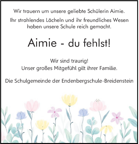 Traueranzeige von Aimie  von Hinterländer Anzeiger