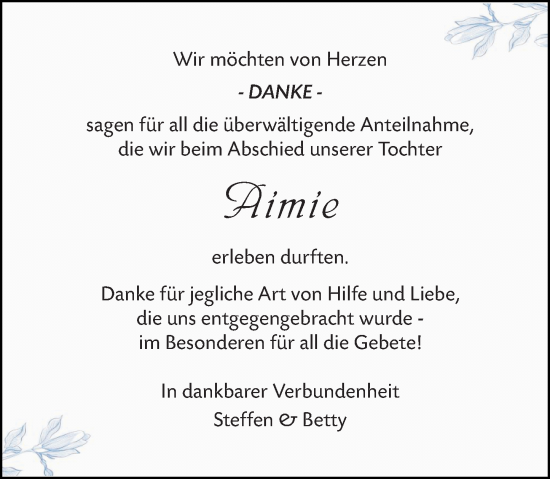 Traueranzeige von Aimie Pfister von Hinterländer Anzeiger