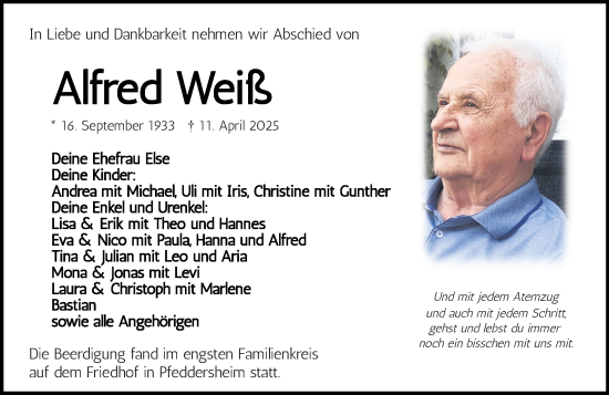 Traueranzeige von Alfred Weiß von Wormser Zeitung
