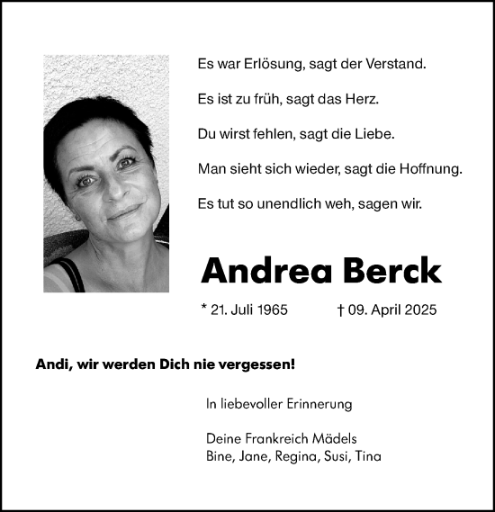 Traueranzeige von Andrea Berck von Darmstädter Echo