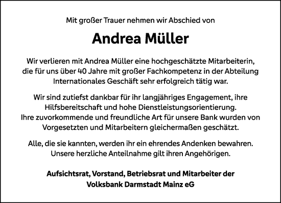 Traueranzeige von Andrea Müller von Allgemeine Zeitung Mainz
