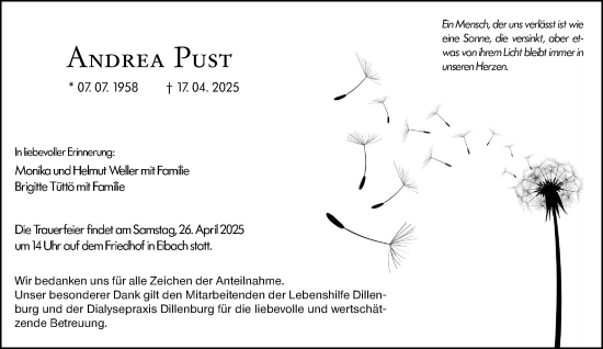 Traueranzeige von Andrea Pust von Dill Block