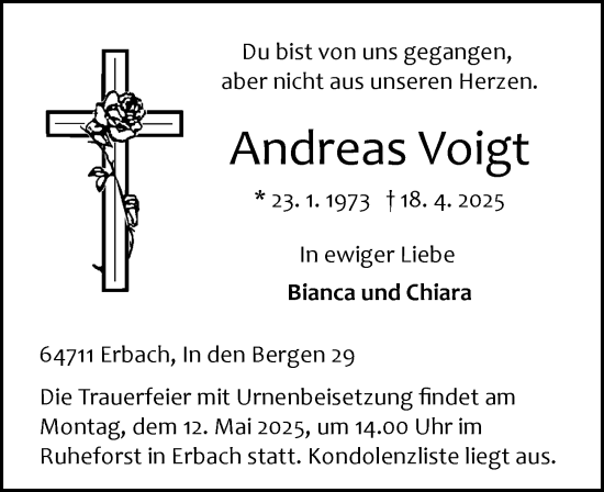 Traueranzeige von Andreas Voigt von Odenwälder Echo