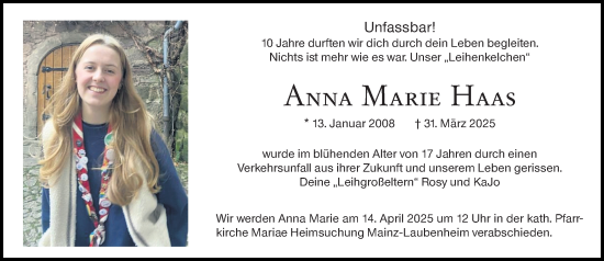 Traueranzeige von Anna Marie Haas von Allgemeine Zeitung Mainz