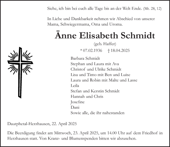 Traueranzeige von Anne Elisabeth Schmidt von Hinterländer Anzeiger
