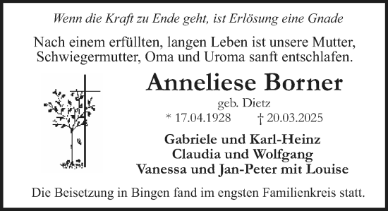 Traueranzeige von Anneliese Borner von Binger-/Ingelheimer Wochenblatt
