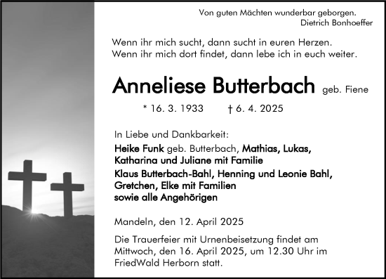 Traueranzeige von Anneliese Butterbach von Dill Block