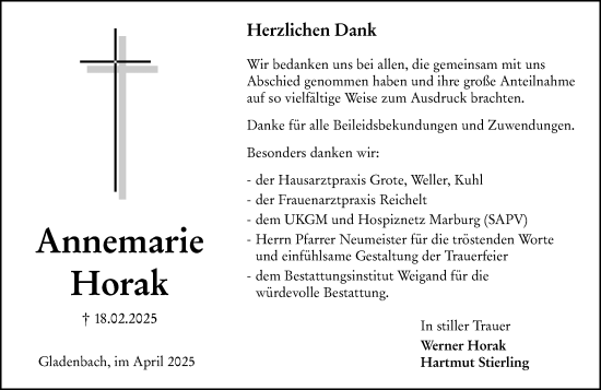 Traueranzeige von Annemarie Horak von Hinterländer Anzeiger