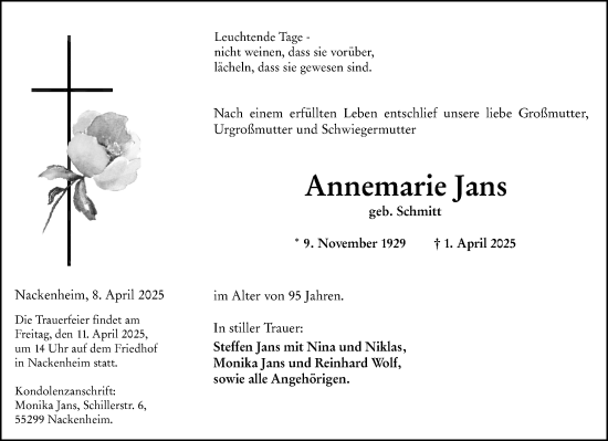 Traueranzeige von Annemarie Jans von Allgemeine Zeitung Mainz
