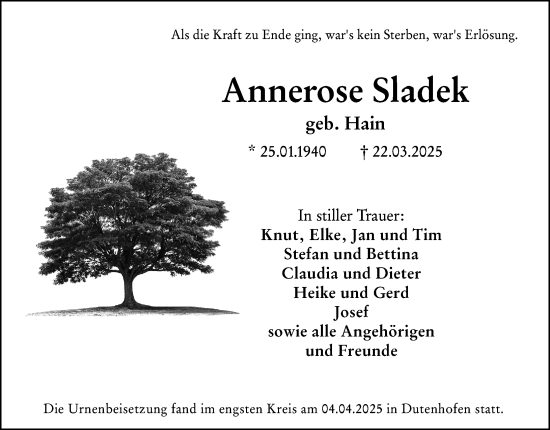 Traueranzeige von Annerose Sladek von Wetzlarer Neue Zeitung