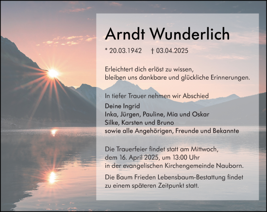Traueranzeige von Arndt Wunderlich von Wetzlarer Neue Zeitung