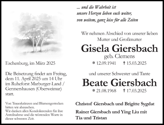 Traueranzeige von Beate Giersbach von Dill Block