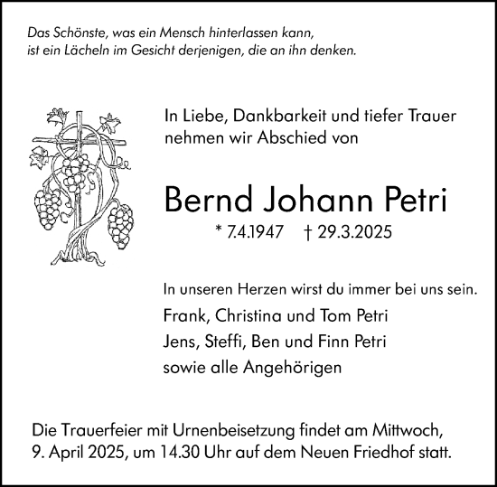 Traueranzeige von Bernd Johann Petri von Hochheimer Zeitung