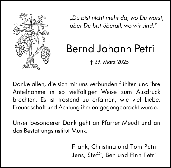 Traueranzeige von Bernd Johann Petri von Hochheimer Zeitung