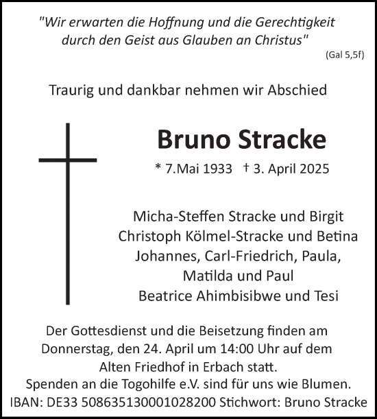 Traueranzeige von Bruno Stracke von Odenwälder Echo