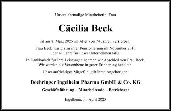 Traueranzeige von Cäcilia Beck von Allgemeine Zeitung Rheinhessen-Nahe