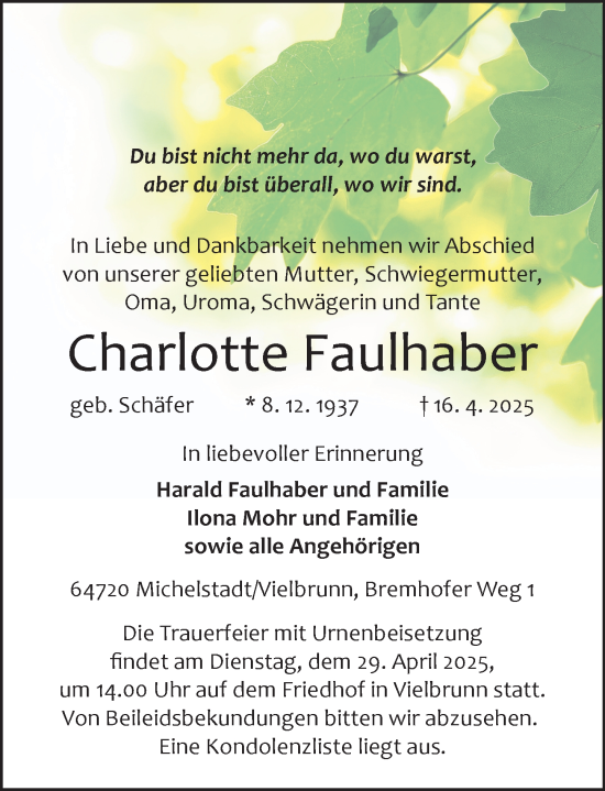Traueranzeige von Charlotte Faulhaber von Odenwälder Echo