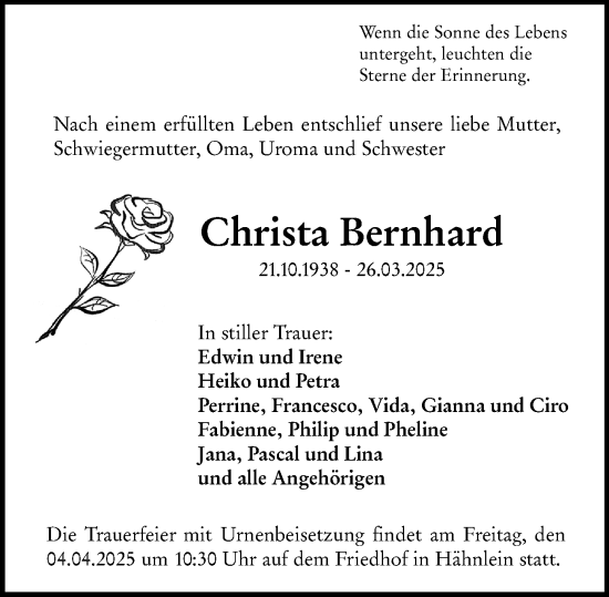 Traueranzeige von Christa Bernhard von Darmstädter Echo