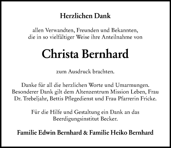 Traueranzeige von Christa Bernhard von Darmstädter Echo
