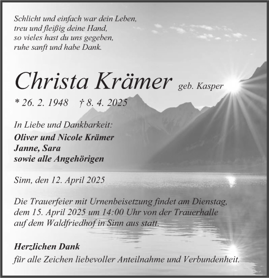Traueranzeige von Christa Krämer von Dill Block