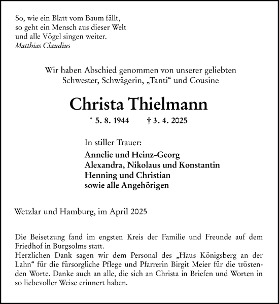 Traueranzeige von Christa Thielmann von Wetzlarer Neue Zeitung
