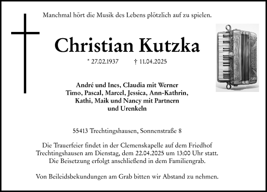 Traueranzeige von Christian Kutzka von Allgemeine Zeitung Rheinhessen-Nahe